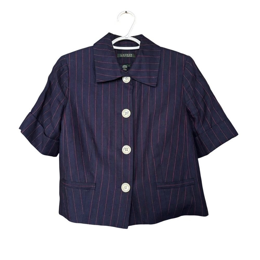 RALPH LAUREN Navy Red Short Cuff Sleeve PinStriped Boxy Cropped Jacket Linen 12